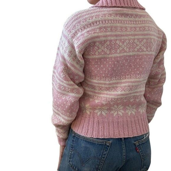 Vintage Carroll Reed Wool Pink Snowflake Valentines Day Collared Chunky Sweater - Picture 6 of 7